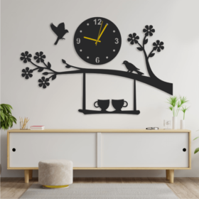 Birds On Tree With Cups Wooden Wall Clock