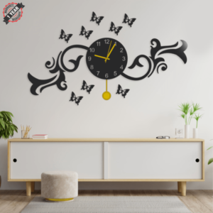 Butterflies On Flower With Pendulum Wall Clock