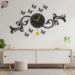 Butterflies On Flower With Pendulum Wall Clock