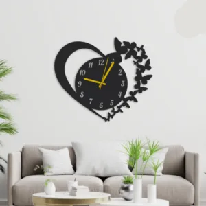Heart With Butterflies Wall Clock Blk